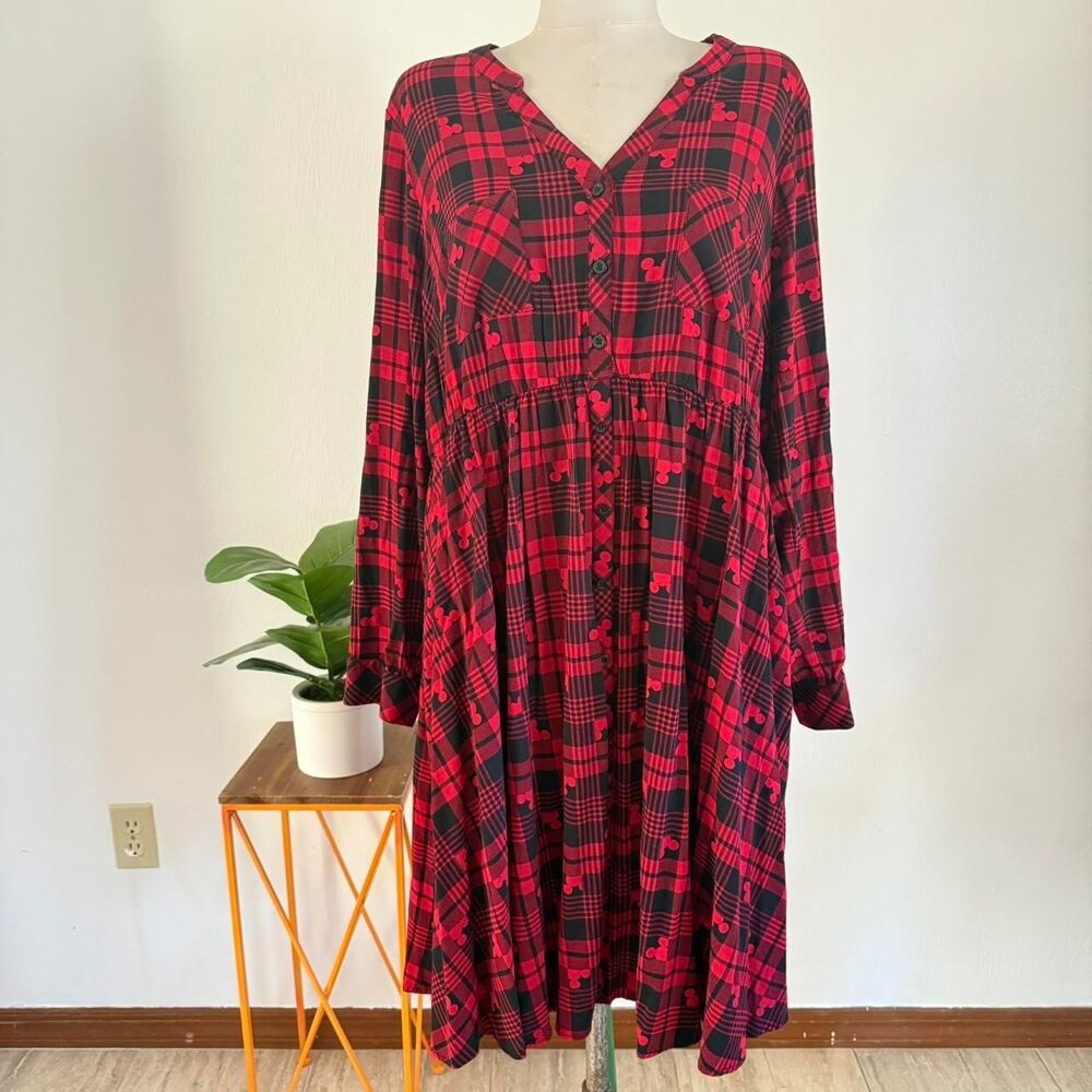 Torrid Disney Red Black Plaid Mickey Mouse Button Front Dress Long Sz 2 Emo punk